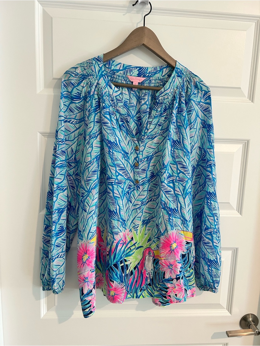 Lilly Pulitzer Elsa Silk Blouse Blue Pink Size XL